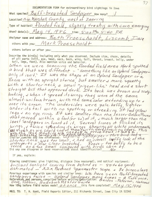 Rare bird documentation form for a Buff-breasted Sandpiper east of Zearing in northwest Marshall County, IA on May 14, 1986.