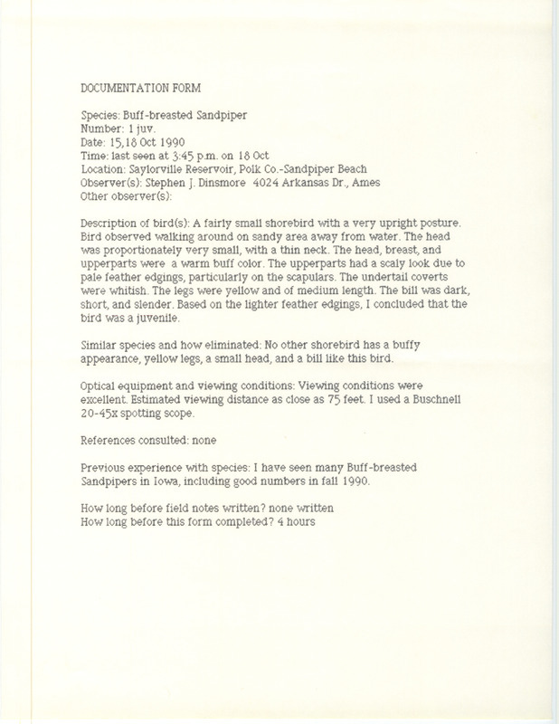 Rare bird documentation form for a Buff-breasted Sandpiper at Sandpiper Beach in Saylorville Reservoir on October 15 and 18, 1990.