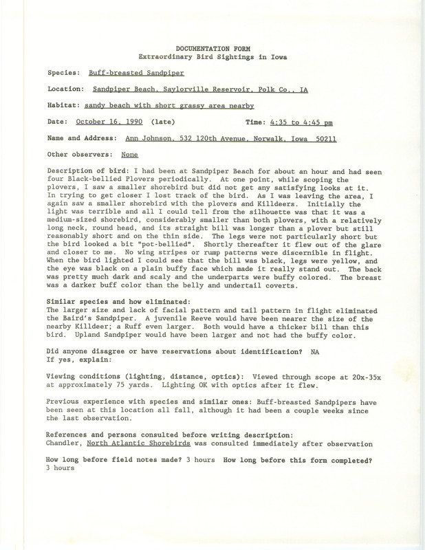 Rare bird documentation form for a Buff-breasted Sandpiper at Sandpiper Beach at Saylorville Reservoir in Polk County, IA on October 16, 1990.