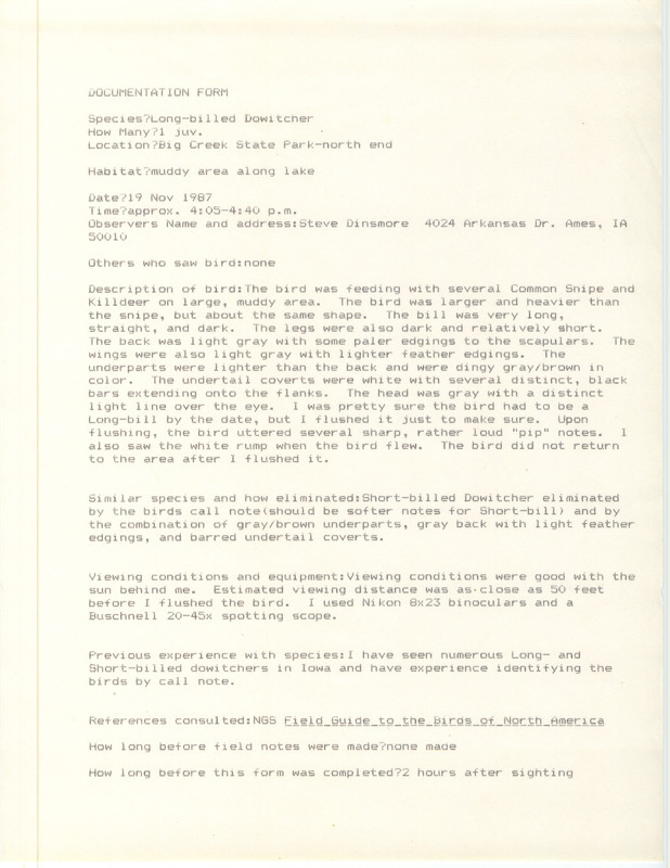 Rare bird documentation form for a Long-billed Dowitcher at Big Creek State Park in Polk County, IA on November 19, 1987.