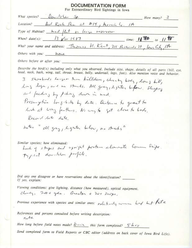 Rare bird documentation form for three Dowitcher Species at Red Rock Reservoir in Marion County, IA on November 13, 1987.