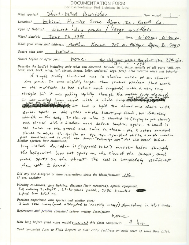 Rare bird documentation form for a Short-billed Dowitcher at Algona in Kossuth County, IA on June 26, 1988.