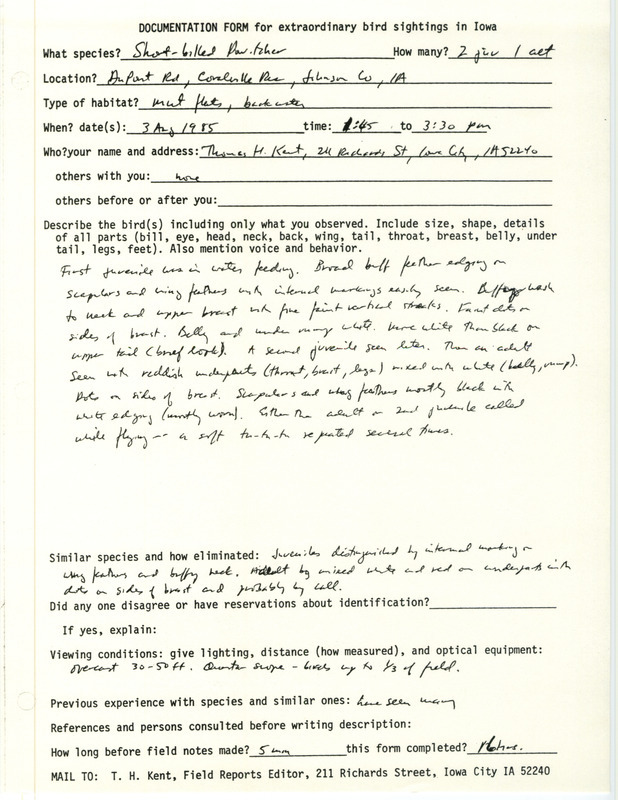 Rare bird documentation form for three Short-billed Dowitchers at Coralville Reservoir in Johnson County, IA on August 3, 1985.