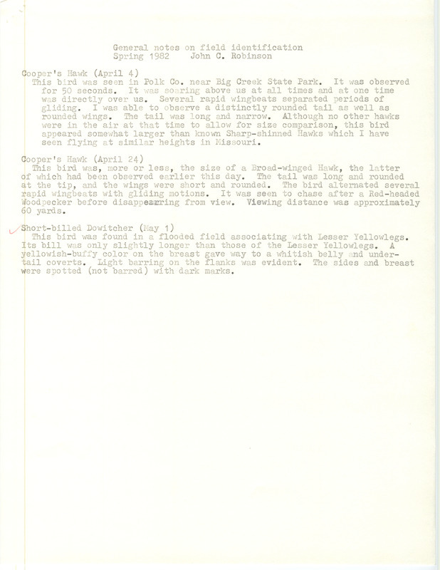 General notes on field identification by John C. Robinson featuring Cooper's Hawk and Short-billed Dowitcher for the Spring of 1982.