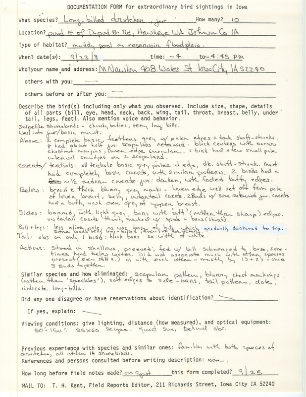 Rare bird documentation form for ten Long-billed Dowitchers at Hawkeye Wildlife Area in Johnson County, IA on September 23, 1984.