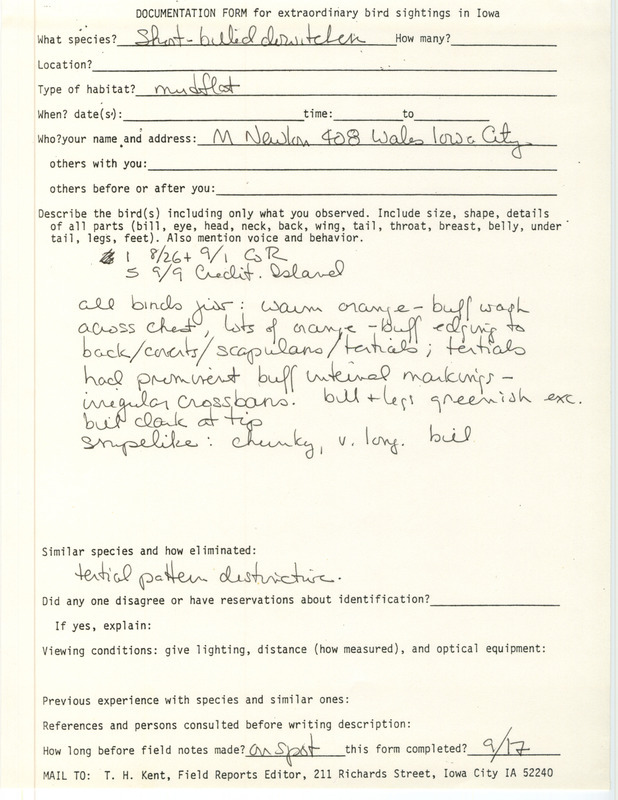 Documentation form supporting the sighting of a Short-billed Dowitcher at Coralville Reservoir and at Credit Island in Johnson County, IA, contributed by Michael C. Newlon on August 26 and September 1 and 9 in 1984.