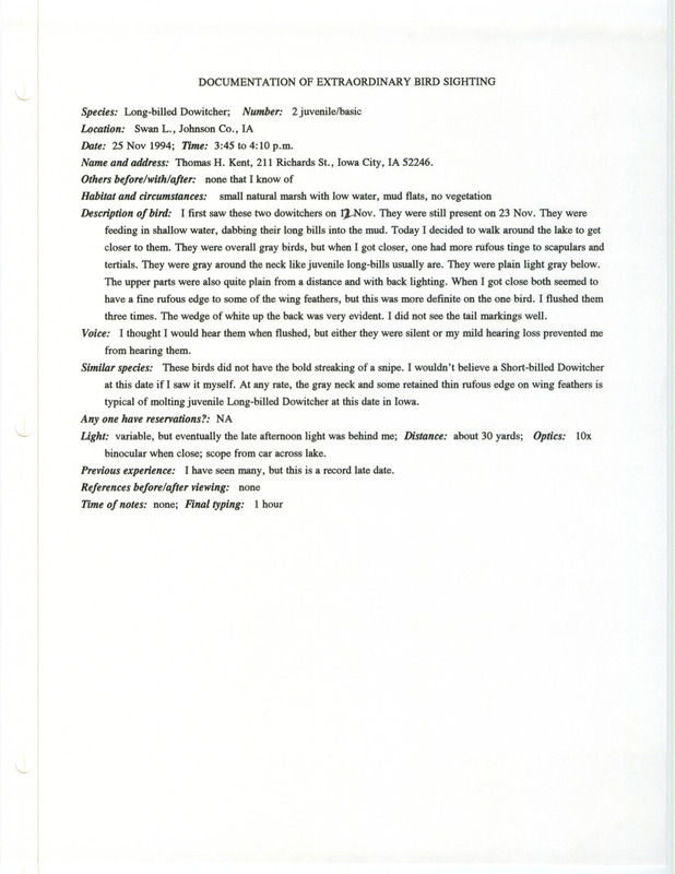 Rare bird documentation form for two Long-billed Dowitchers at Swan Lake in Johnson County, IA on November 25, 1994.