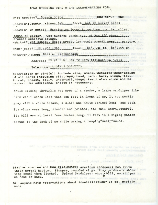 Rare bird documentation form for a Common Snipe at Washington Township in Winneshiek County, IA on June 12, 1986.