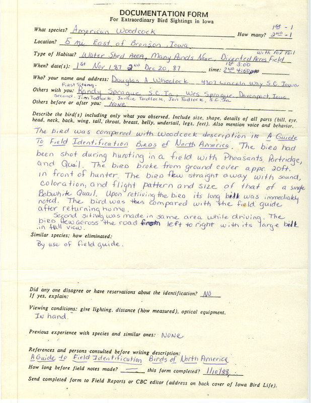 Rare bird documentation form for two American Woodcocks at Bronson in Woodbury County, IA on November 1 and December 20, 1987.