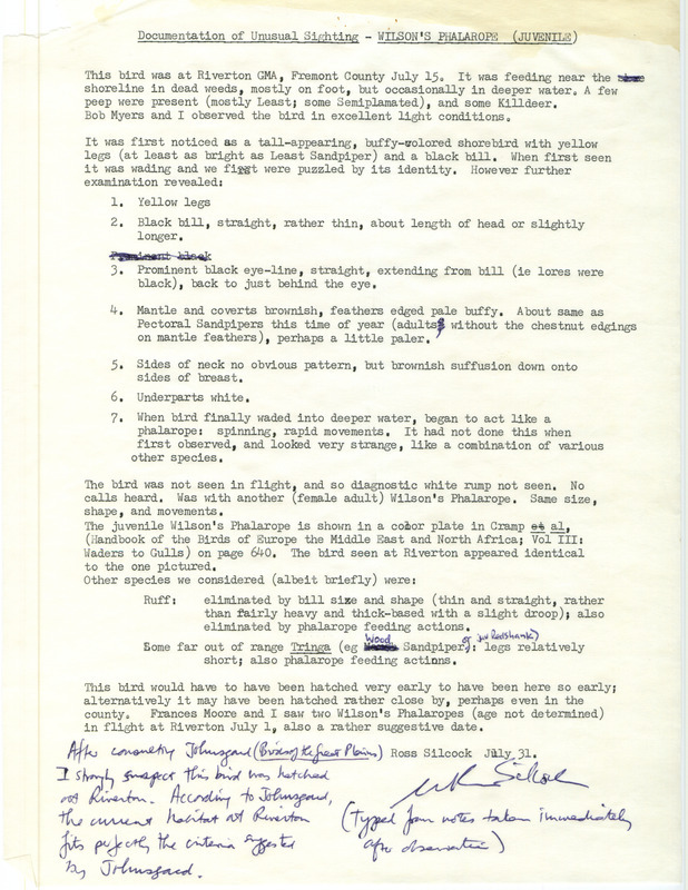 Rare bird documentation form for two Wilson's Phalaropes at Riverton Game Management Area in Fremont County, IA on July 15, unknown year.