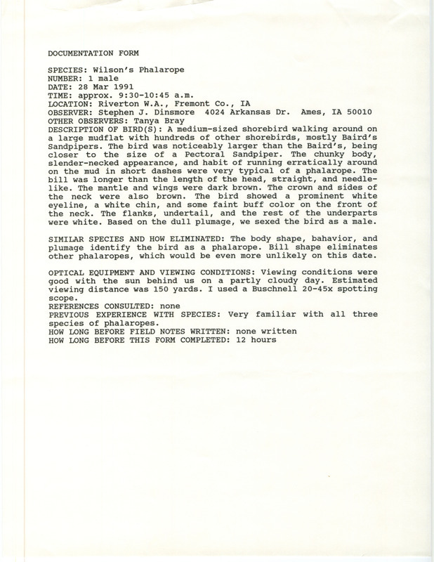 Rare bird documentation form for a Wilson's Phalarope at Riverton Wildlife Area in Fremont County, IA on March 28, 1991.