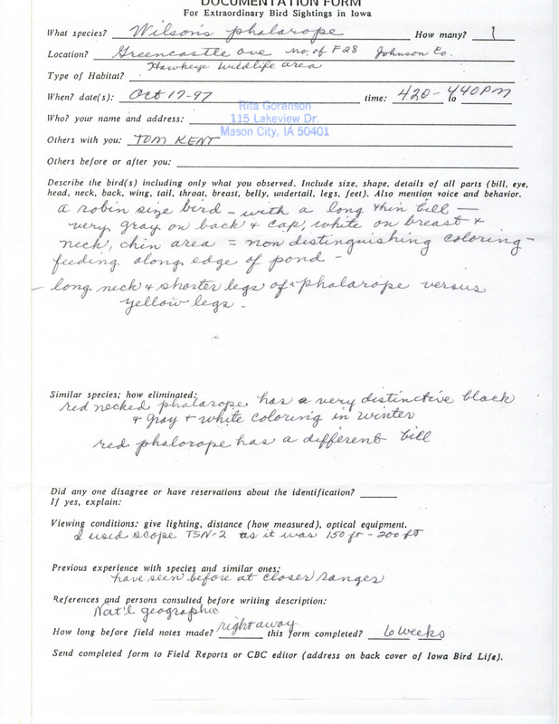 Rare bird documentation form for a WIlson's Phalarope at Hawkeye Wildlife Area in Johnson County, IA on October 17, 1997.