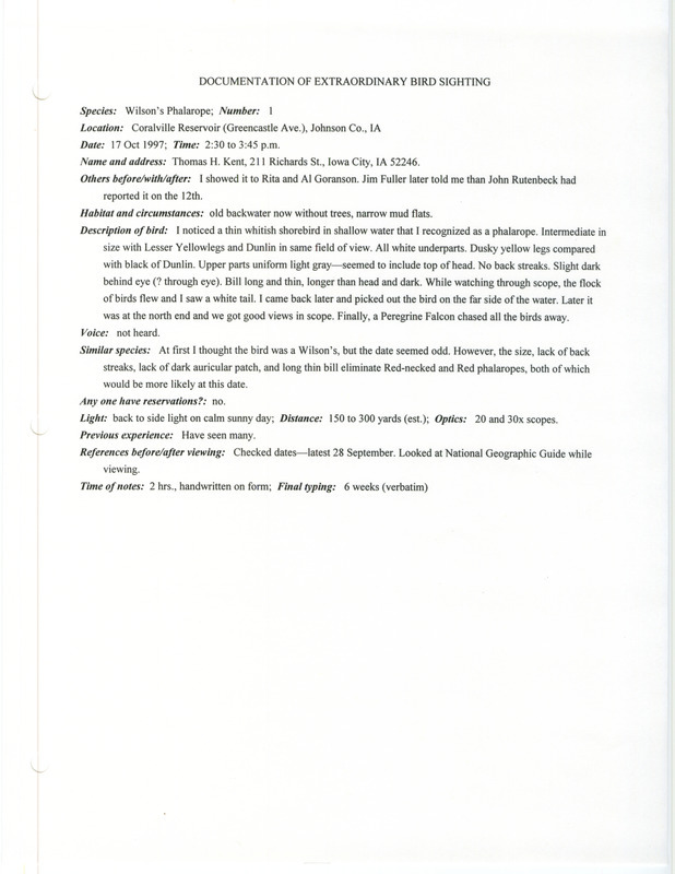 Rare bird documentation form for a Wilson's Phalarope at Coralville Reservoir in Johnson County, IA on October 17, 1997.