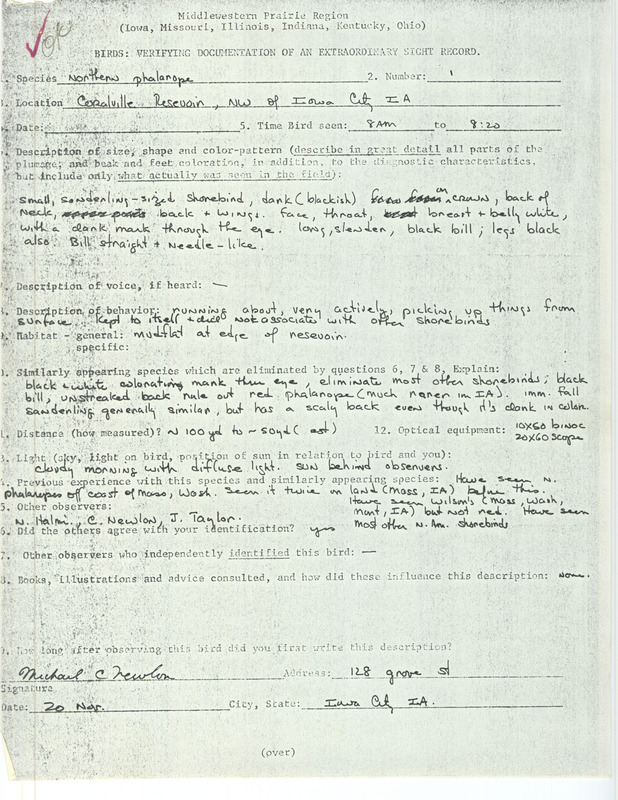 Rare bird documentation form for a Northern Phalarope at Coralville Reservoir on or before November 20 in an unknown year.