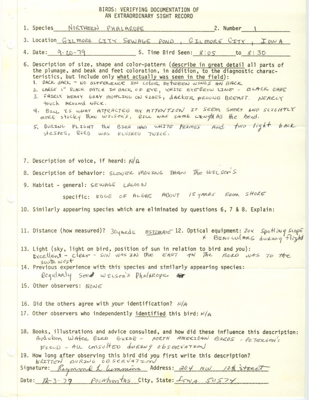 Rare bird documentation form for a Red-necked Phalarope at Gilmore City Sewage Pond in Pocahontas County, IA on September 20, 1979.