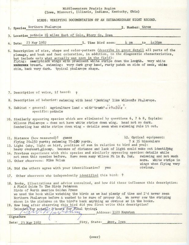 Rare bird documentation form for three Red-necked Phalaropes east of Colo in Story County, IA on May 23, 1982.