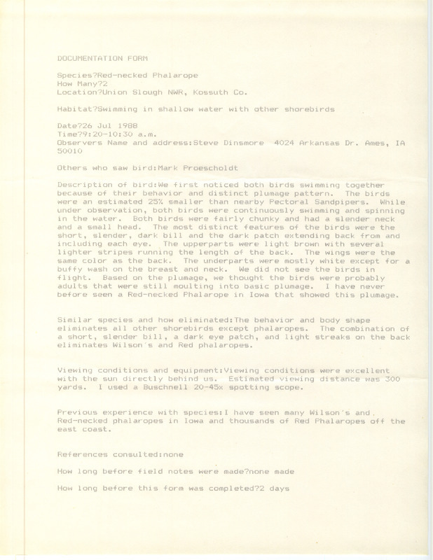 Rare bird documentation form for two Red-necked Phalaropes at Union Slough National Wildlife Refuge in Kossuth County, IA on July 26, 1988.