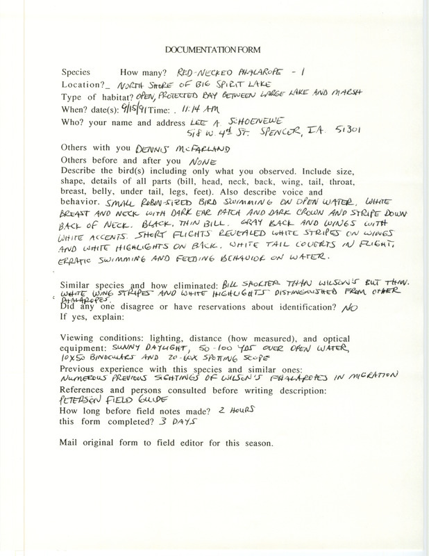 Rare bird documentation form for a Red-necked Phalarope at Big Spirit Lake in Dickinson County, IA on September 15, 1991.