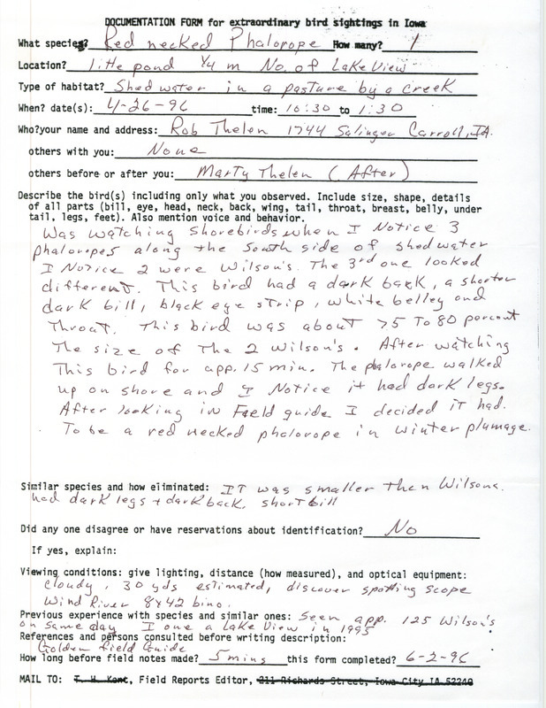 Rare bird documentation form for a Red-necked Phalarope north of Lake View in Sac County, IA on April 26, 1996.