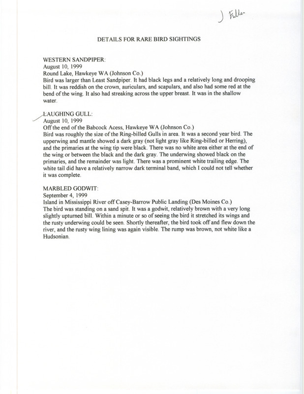 Details for rare bird sightings by James Fuller for August and September 1999. Includes sighting of a Laughing Gull at Babcock Access in Johnson County, IA on August 10, 1999.