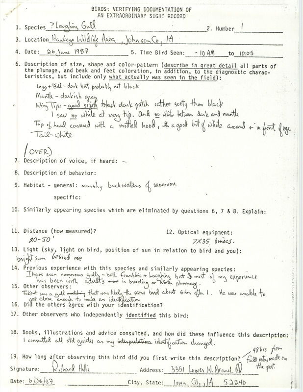 A form documenting the sighting of a Laughing Gull at Hawkeye Wildlife Area in Johnson County, IA submitted by Richard Hollis on June 26, 1987.