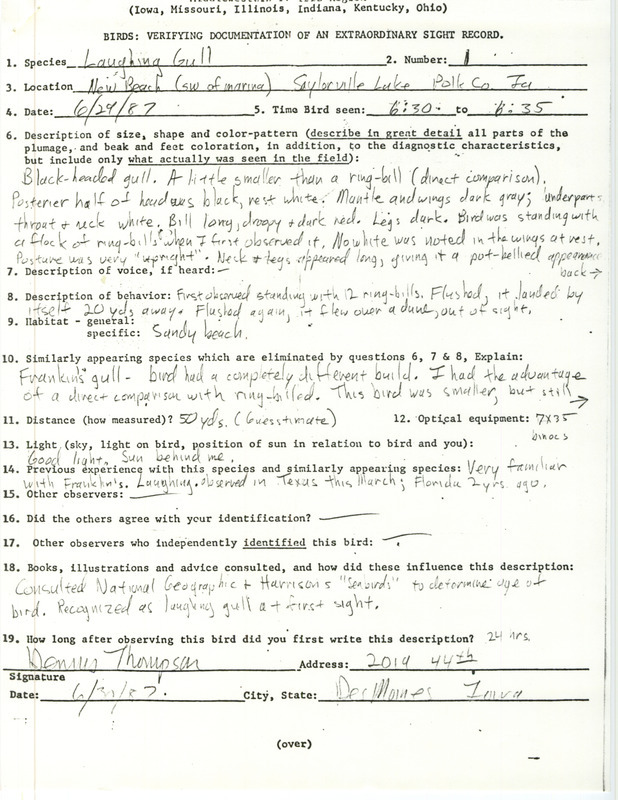 Rare bird documentation form for a Laughing Gull at Saylorville Lake in Polk County, IA on June 29, 1987.