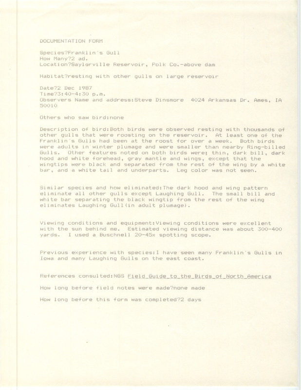 Rare bird documentation form for two Franklin's Gulls at Saylorville Reservoir in Polk County, IA on December 2, 1987.