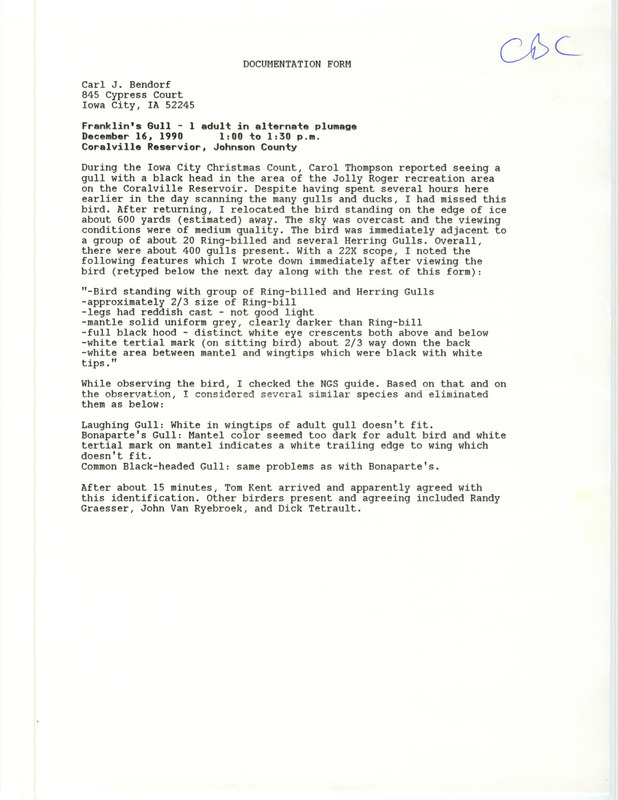 Rare bird documentation form for a Franklin's Gull at Coralville Reservoir in Johnson County, IA on December 16, 1990.