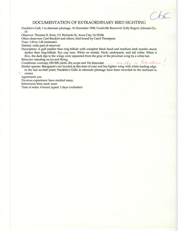 Rare bird documentation form for a Franklin's Gull at Jolly Rogers Campground at Coralville Reservoir in Johnson County, IA on December 16, 1990.