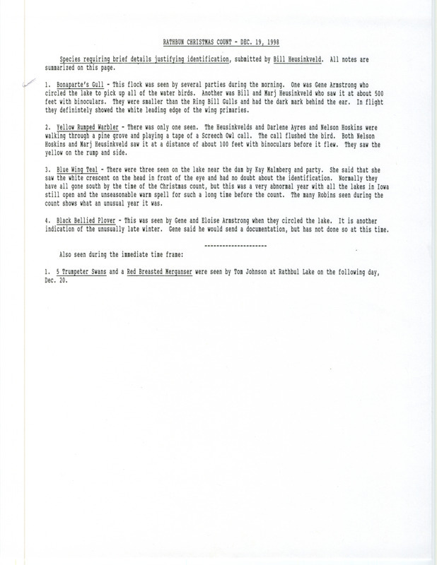 List of birds observed during the Rathbun Christmas bird County including several rare species at Rathbun Lake on December 19 and 20, 1998, contributed by Bill Heusinkveld. Rare species sighted include a Bonaparte's Gull and Yellow-rumped Warbler.