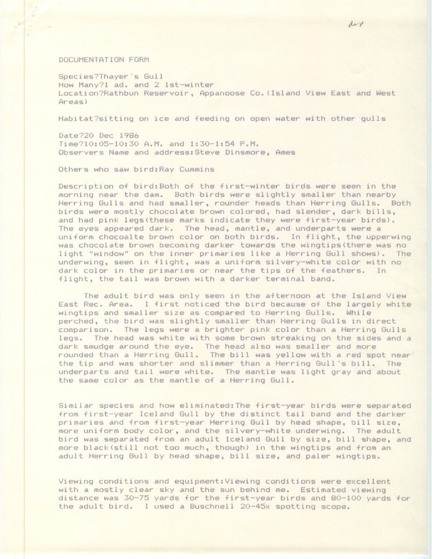 Rare bird documentation form for three Thayer's Gulls at Island View Park at Rathbun Reservoir in Appanoose County, IA on December 20, 1986.