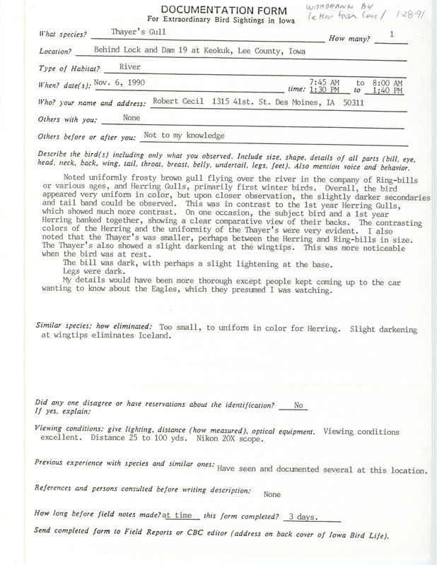 Rare bird documentation form for a Thayer's Gull at Lock and Dam 19 in Keokuk in Lee County, IA on November 6, 1990.