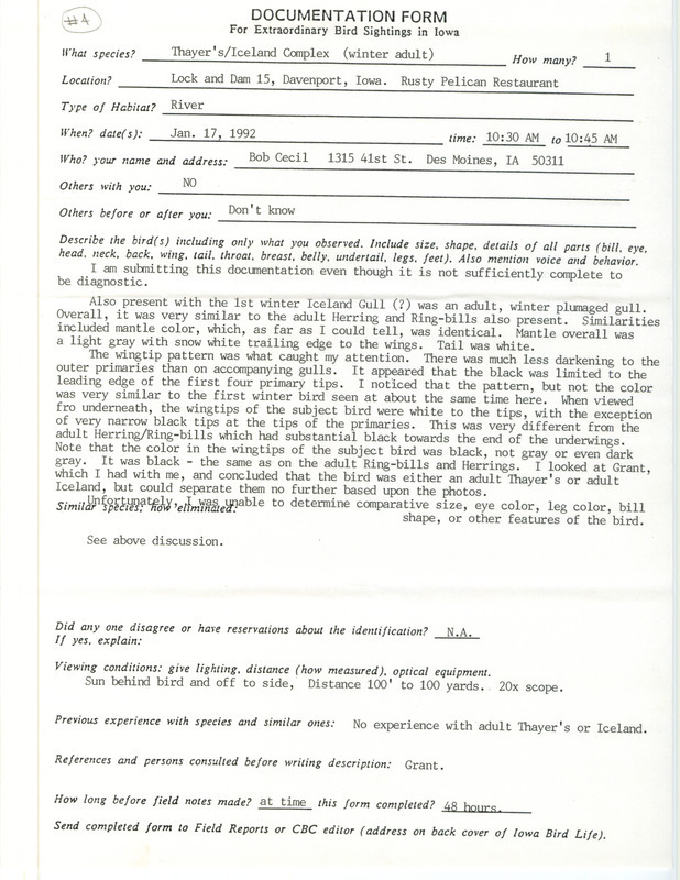 Rare bird documentation form for a Thayer's Gull at Lock and Dam 15 in Davenport in Scott County, IA on January 17, 1992.