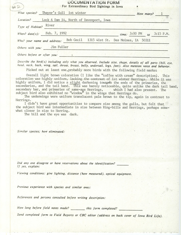 Documentation form supporting the sighting of a Thayer's Gull at Lock and Dam 14 contributed by Bob Cecil on February 7, 1992.