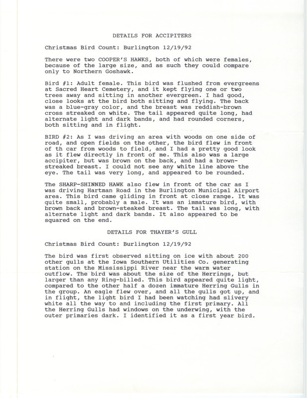 Details for sightings of two Cooper's Hawks, Thayer's Gull and a Sharp-shinned Hawk at the Burlington area in Des Moines County, IA on December 19, 1992 by an unknown author.