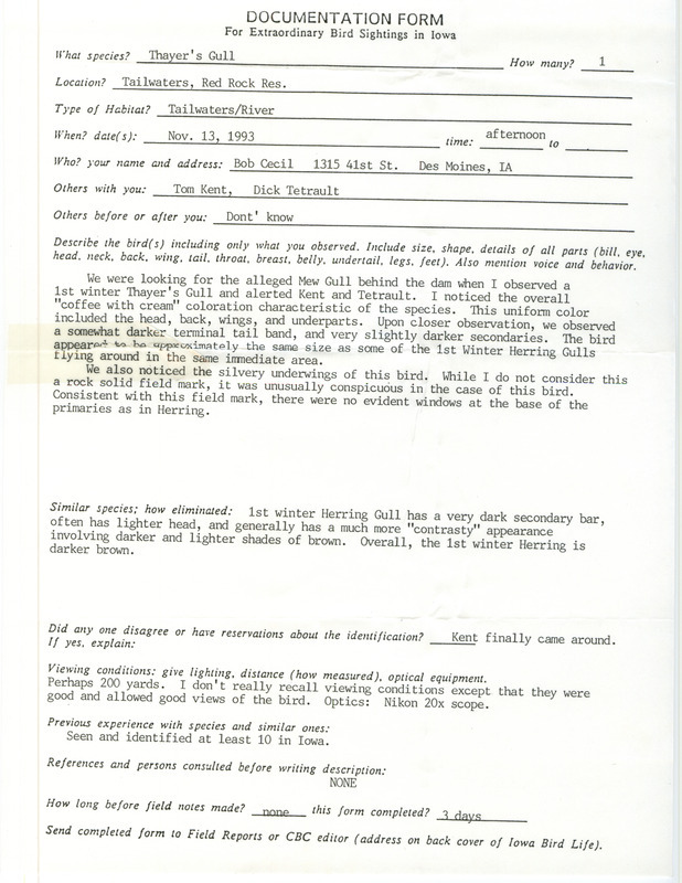 Rare bird documentation form for a Thayer's Gull at Red Rock Reservoir in Marion County, IA on November 13, 1993.