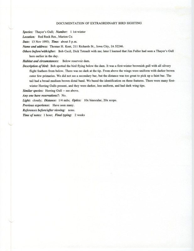 Documentation supporting the sighting of a Thayer's Gull at Red Rock Reservoir in Marion County, IA contributed by Thomas H. Kent on November 13, 1993.