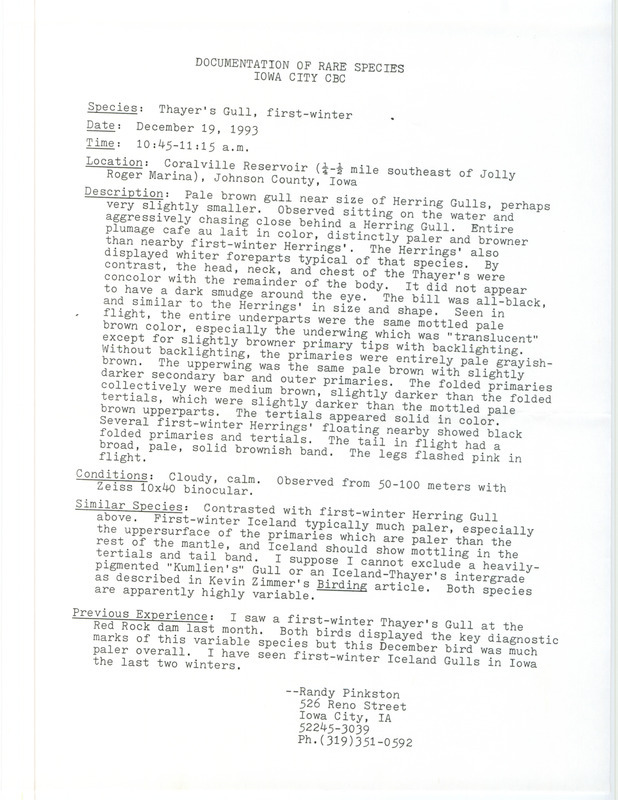 Rare bird documentation form for a Thayer's Gull southeast of Jolly Roger Marina at Coralville Reservoir in Johnson County, IA on December 19, 1993.