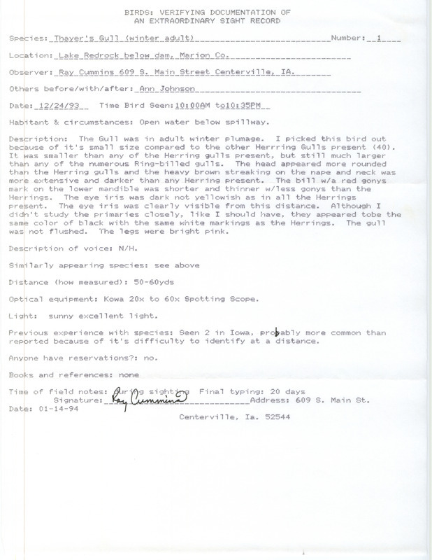 Rare bird documentation form for a Thayer's Gull at Red Rock Dam in Marion County, IA on December 24, 1993.