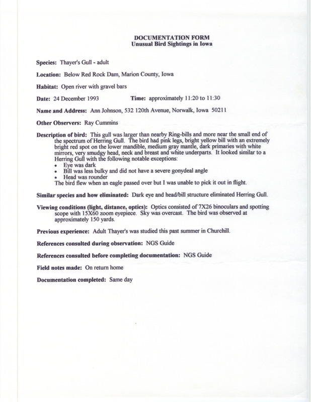 Rare bird documentation form for a Thayer's Gull at Red Rock Dam in Marion County, IA on December 24, 1993.