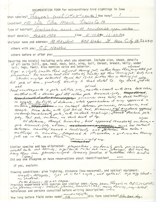 Rare bird documentation form for a Thayer's Gull at Cone March in Louisa County, IA on February 27, 1983.