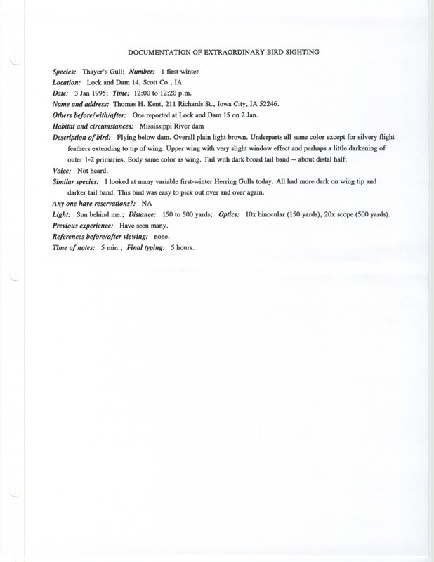 Rare bird documentation form for a Thayer's Gull at Lock and Dam 14 in Scott County, IA on January 3, 1995.