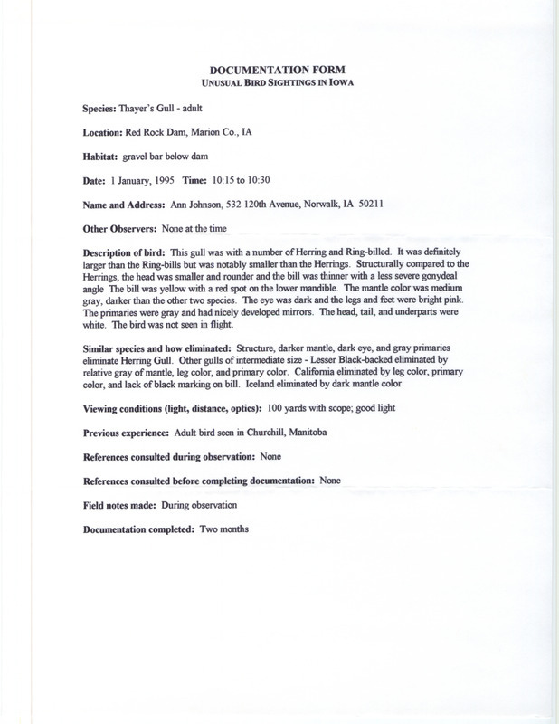 Rare bird documentation form for a Thayer's Gull at Red Rock Dam in Marion County, IA on January 1, 1995.