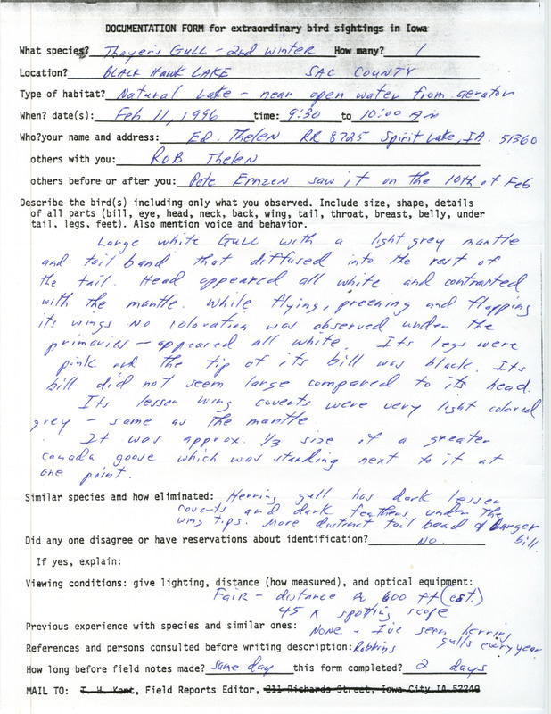 Rare bird documentation form for a Thayer's Gull at Black Hawk Lake in Sac County, IA on February 11, 1996.