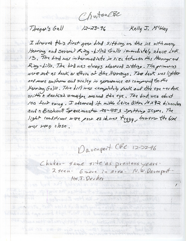 Field notes from a Christmas Bird County with details on the sighting of Thayer's Gull at Lock and Dam 13, 14, 15 near Davenport and Clinton on December 22 and 23, 1996. Includes observers Pete Petersen, Walter Zuurdeeg and others.