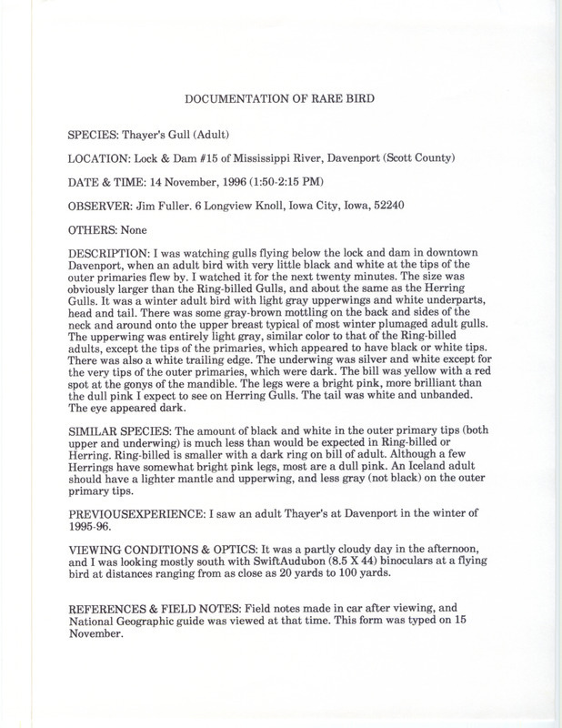 Rare bird documentation form for a Thayer's Gull at Lock and Dam 15 in Davenport in Scott County, IA on November 14, 1996.