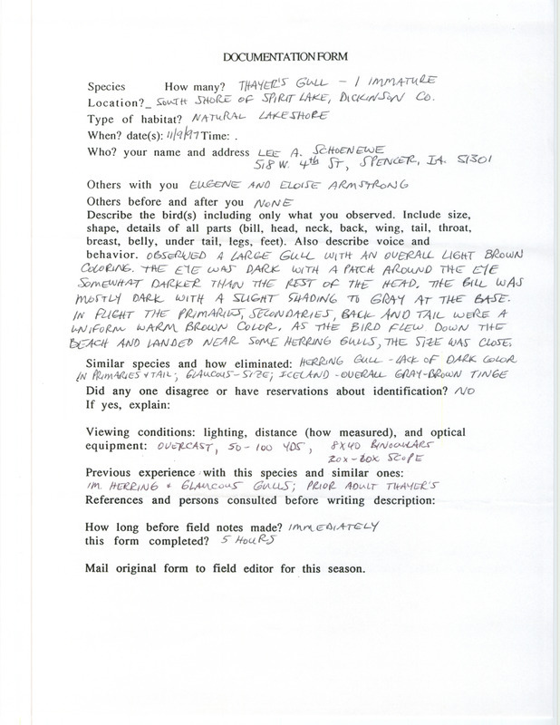 Rare bird documentation form for a Thayer's Gull at Spirit Lake in Dickinson County, IA on November 9, 1997.