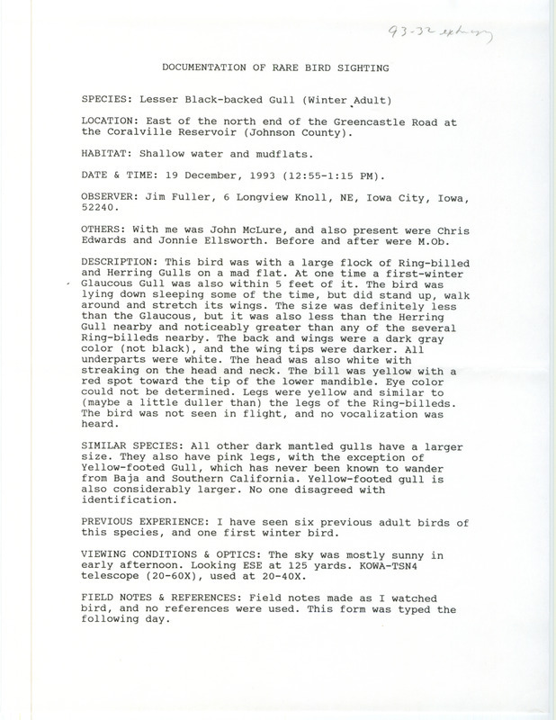 Rare bird documentation form for a Lesser Black-backed Gull at Greencastle Road at Coralville Reservoir in Johnson County, IA on December 19, 1993.