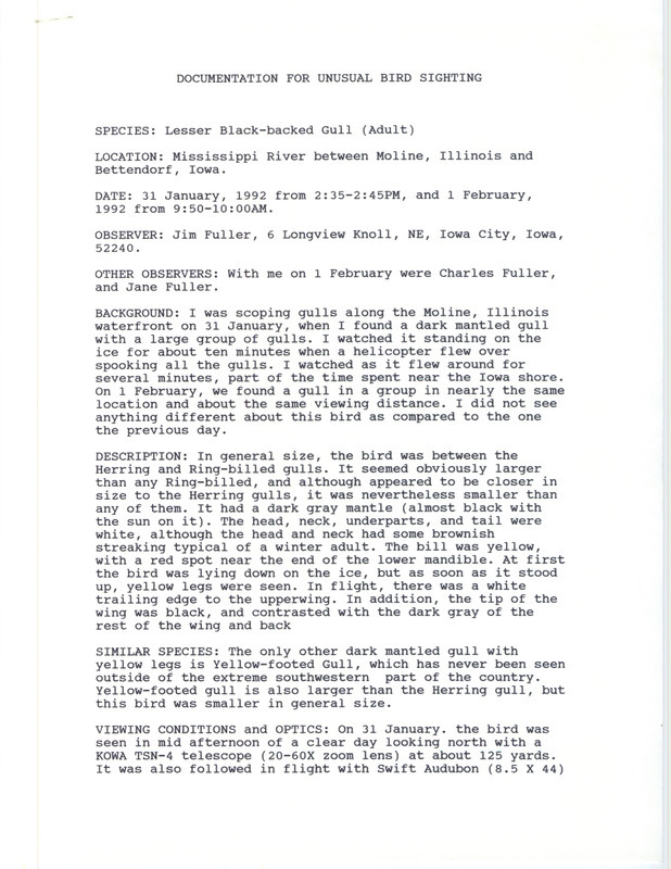 Rare bird documentation form for a Lesser Black-backed Gull at Mississippi River between Bettendorf in Scott County, IA and Moline in Rock Island County, IL on January 31, 1992 and February 1, 1992.