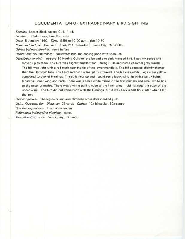 Rare bird documentation form for a Lesser Black-backed Gull at Cedar Lake in Linn County, IA on January 5, 1992.